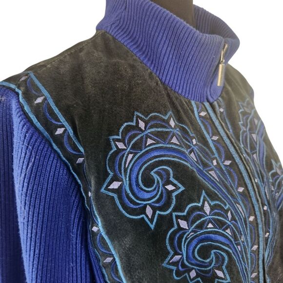 Bob Mackie Leather Jacket Womens XL Sweater Blue Black Embroidered Zip Vintage - Picture 6 of 9
